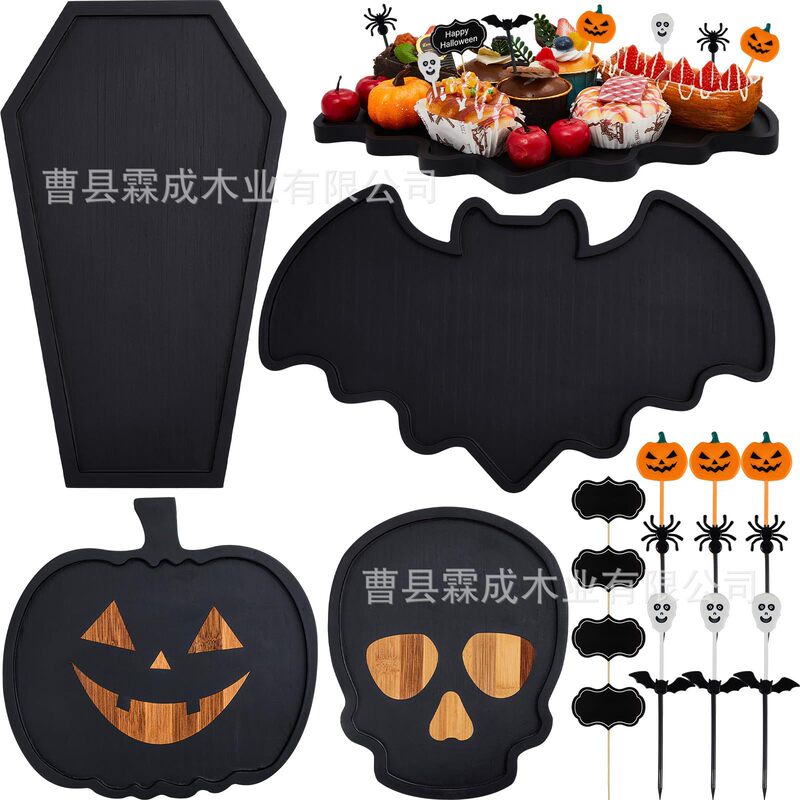 Cross-Border Wooden Halloween Tray Solid Wood Gothic Style Halloween Decorative Tray Wooden Halloween Dinner Plate
