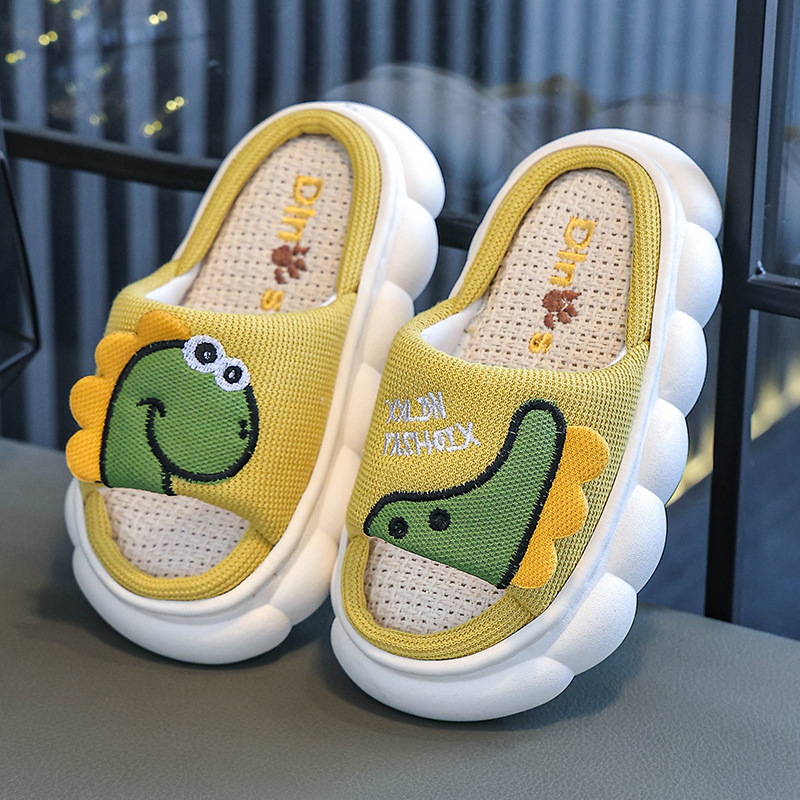Children's Linen Slippers Boys Cartoon Cute Dinosaur Spring and Autumn Four Seasons Indoor Home Non-slip Silent Parent-child Sandals