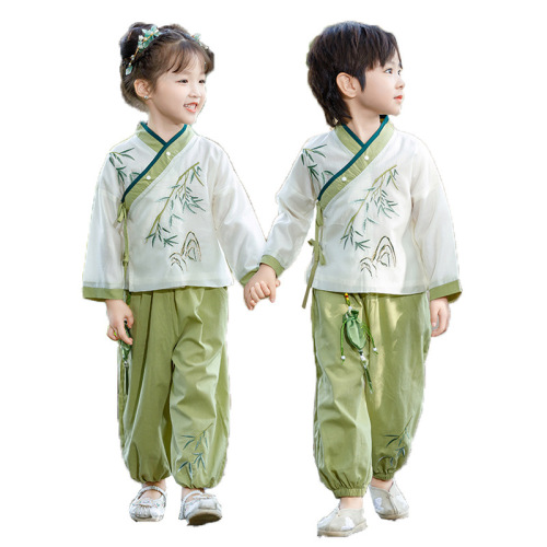 Spring and Autumn Style Children's Ancient Chinese Hanfu Long-Sleeve Set, Chinese Style for Both Boys and Girls, Mid-Autumn Outing, Green Bamboo Baby Tang Suit