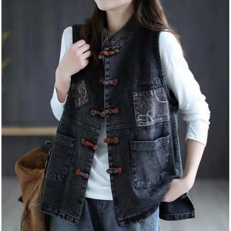 Women's Denim Vest 2026 Spring and Autumn Vintage Style Plus Size Ethnic Style Buttoned Outerwear Vest Casual Sleeveless Jacket