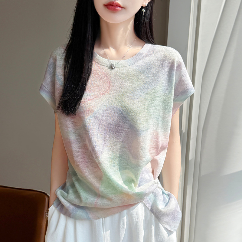 Bamboo Linen Tie-Dye Printed Airplane Sleeve Irregular Pleated Short-Sleeve T-Shirt for Women 2026 Summer New Outerwear Top Bamboo Linen Tie-Dye Printed Airplane Sleeve Irregular Pleated Short-Sleeve T-Shirt for Women 2026 Summer New Outerwear Top