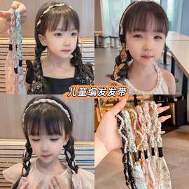 儿童编发丝巾碎花飘带发箍一体发绳女童珍珠头箍马尾绑发头绳批发