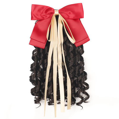Children's short wig ponytail with red bow Roman curl wig hair accessories for girls cute chemical fiber high ponytail