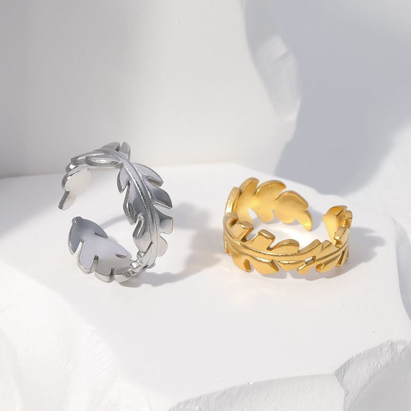 8g Weight 0.03µm Gold Plating Thickness PVD Coated Gold Plating Process 18K Real Gold Plated Plating Material Fashion Leaves Stainless Steel Plating Open Ring