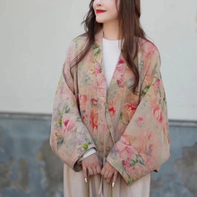 中国风V领双层棉麻印花蝙蝠衫外套女秋季款宽松百搭复古开衫上衣