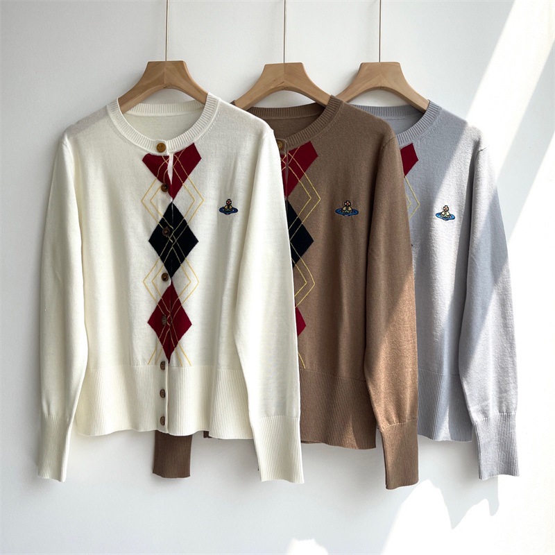 西太后美丽诺羊毛长袖女士针织衫VIVI春夏薄款菱格毛衣开衫外套