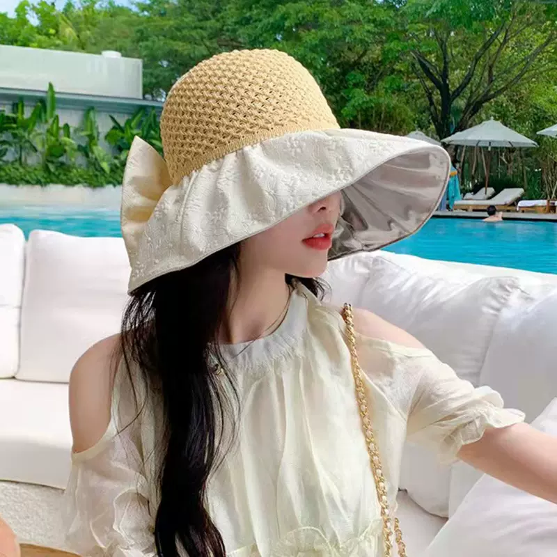 彩胶防晒帽质感压花大檐遮阳空顶帽可折叠针织夏季镂空成人帽子女