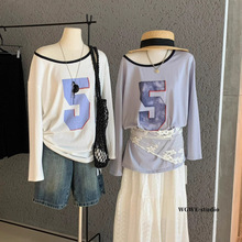 WGWE6882#斜肩字母微透宽松微透罩衫2025新款一字肩薄款T恤上衣