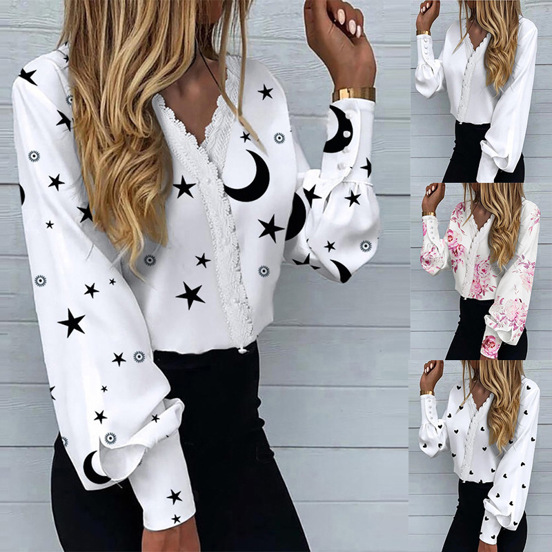 2022 Amazon Europe and the United States cross-border spring and summer new ladies fashion printing lace casual shirt