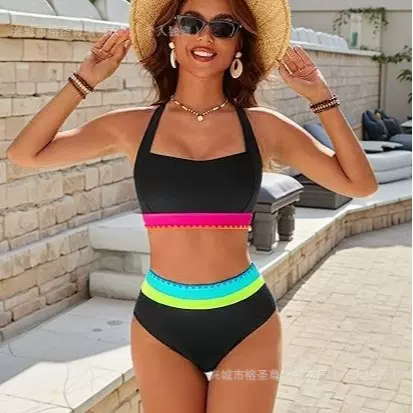 2025新款欧美运动分体泳衣露背撞色跨境亚马逊外贸高腰比基尼