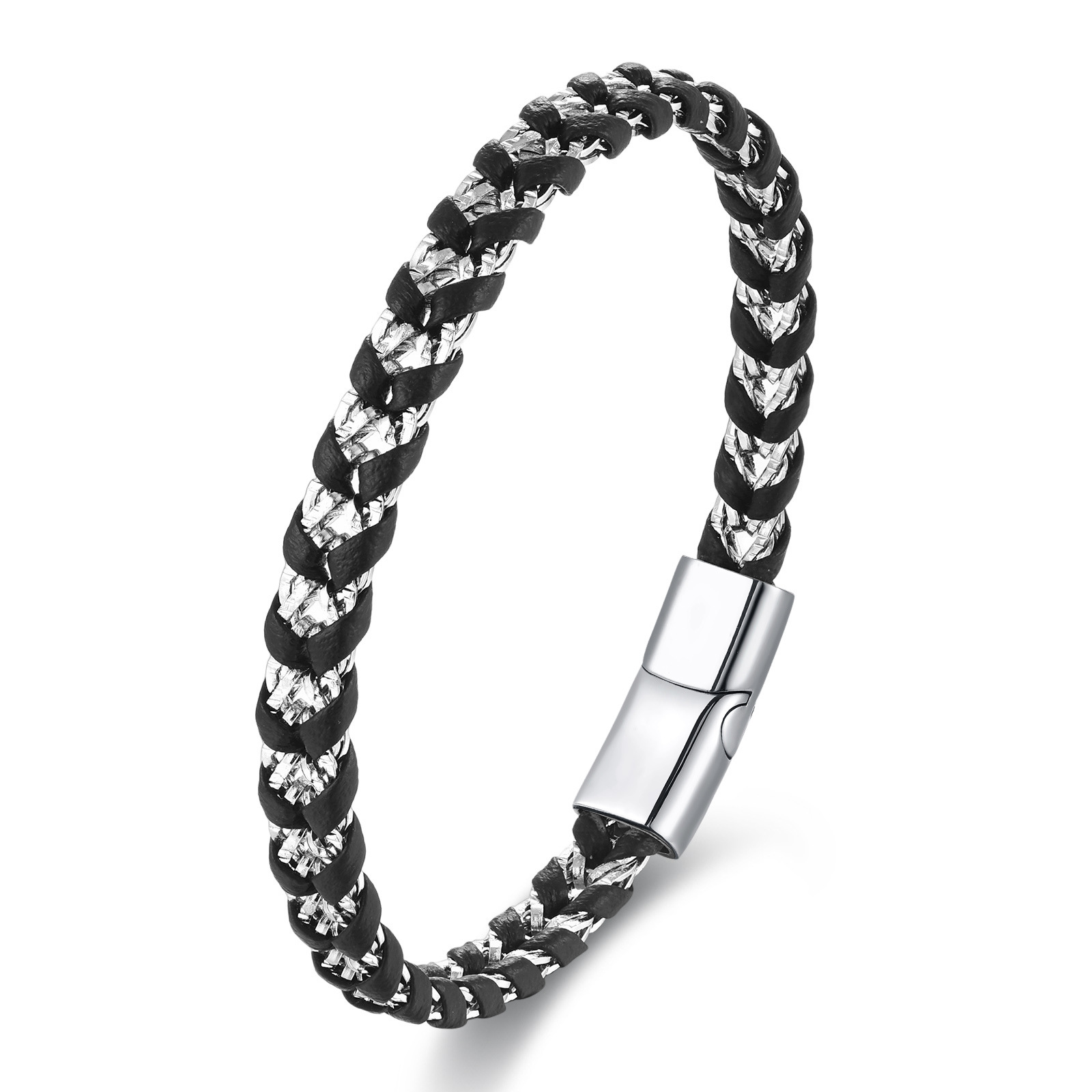 Bracelets Classification Retro Punk 316L Stainless Steel Pu Leather Geometric Woven Chain Men Cord & Leather Bracelets