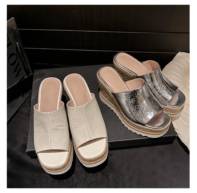 Sandal cao gót nữ mũi hở đế xuồng đan rơm phong cách La Mã — màu be, bạc chi tiết 19