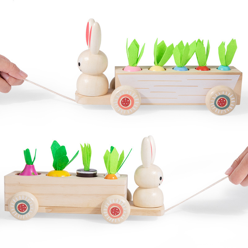 Los niños de madera animal conejo fruta vegetal tirando rábano tres-en-un carro jardín de infantes educativos juguetes de educación temprana