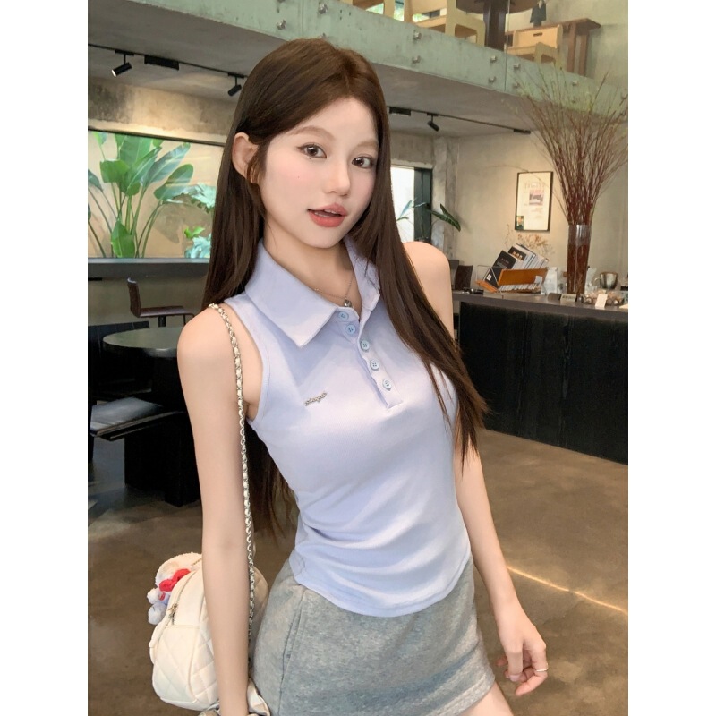 Off-Shoulder Lapel Halter Neck Sleeveless Tank Top 2026 Summer Fashionable Outerwear Figure-Flattering Hot Girl Slim Fit Top for Women