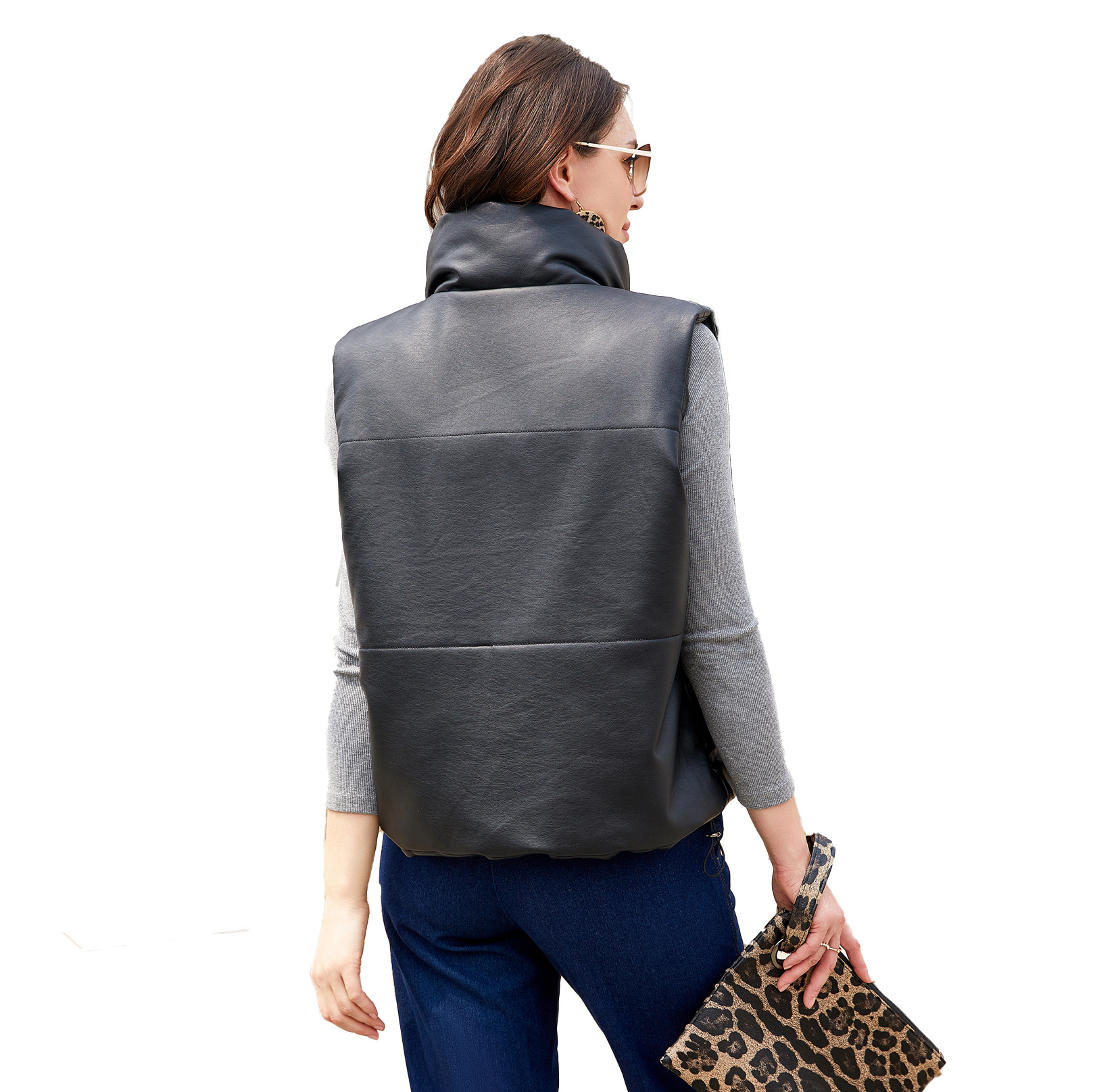 2022 Otoño e Invierno de las mujeres Chaleco de cuero sin mangas con cremallera acolchada de algodón acolchado abrigo de moda collar de pie abrigo de tamaño europeo Amazon WISH