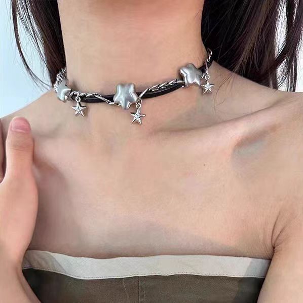 Y2K Silver Fat Star Choker Necklace Sexy Subculture Sweet Cool Dopamine Clavicle Chain Necklace