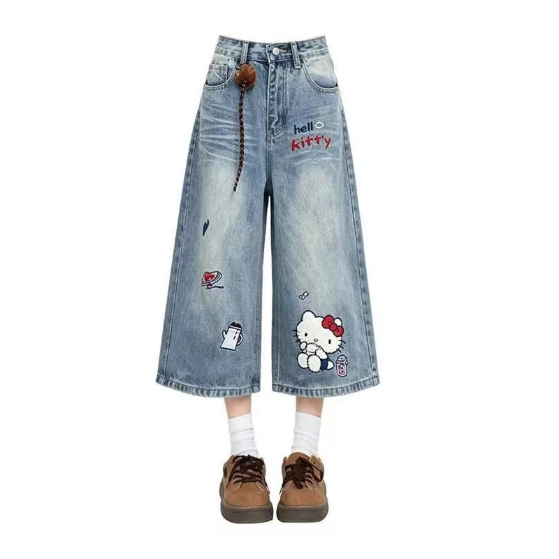 Kitty Cat Embroidered Cropped Jeans for Women, 2026 Summer New Design, Short High-Waisted Wide-Leg Pants Kitty Cat Embroidered Cropped Jeans for Women, 2026 Summer New Design, Short High-Waisted Wide-Leg Pants