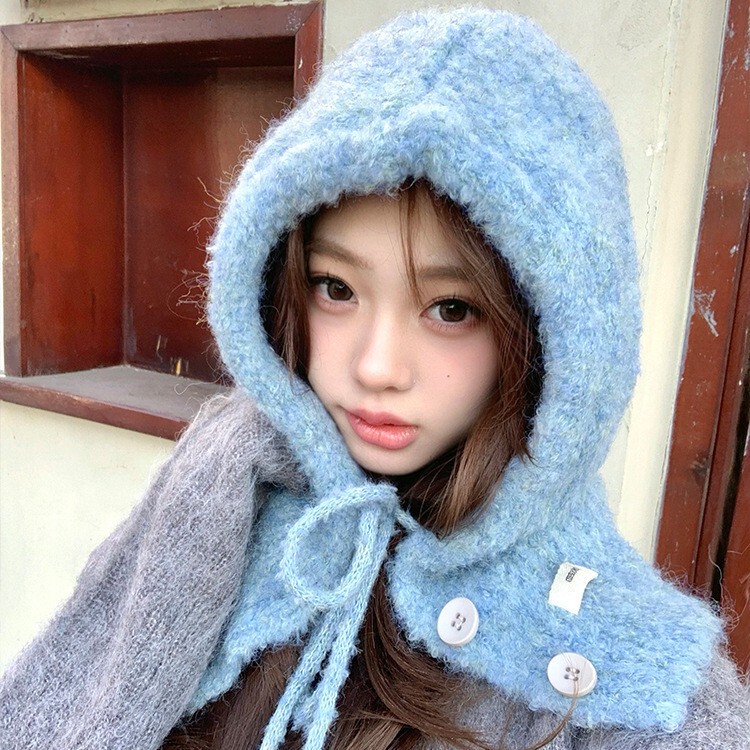 蓝色巴拉克拉法帽女秋冬百搭帽子围巾一体羊毛混纺针织保暖护耳帽|undefined