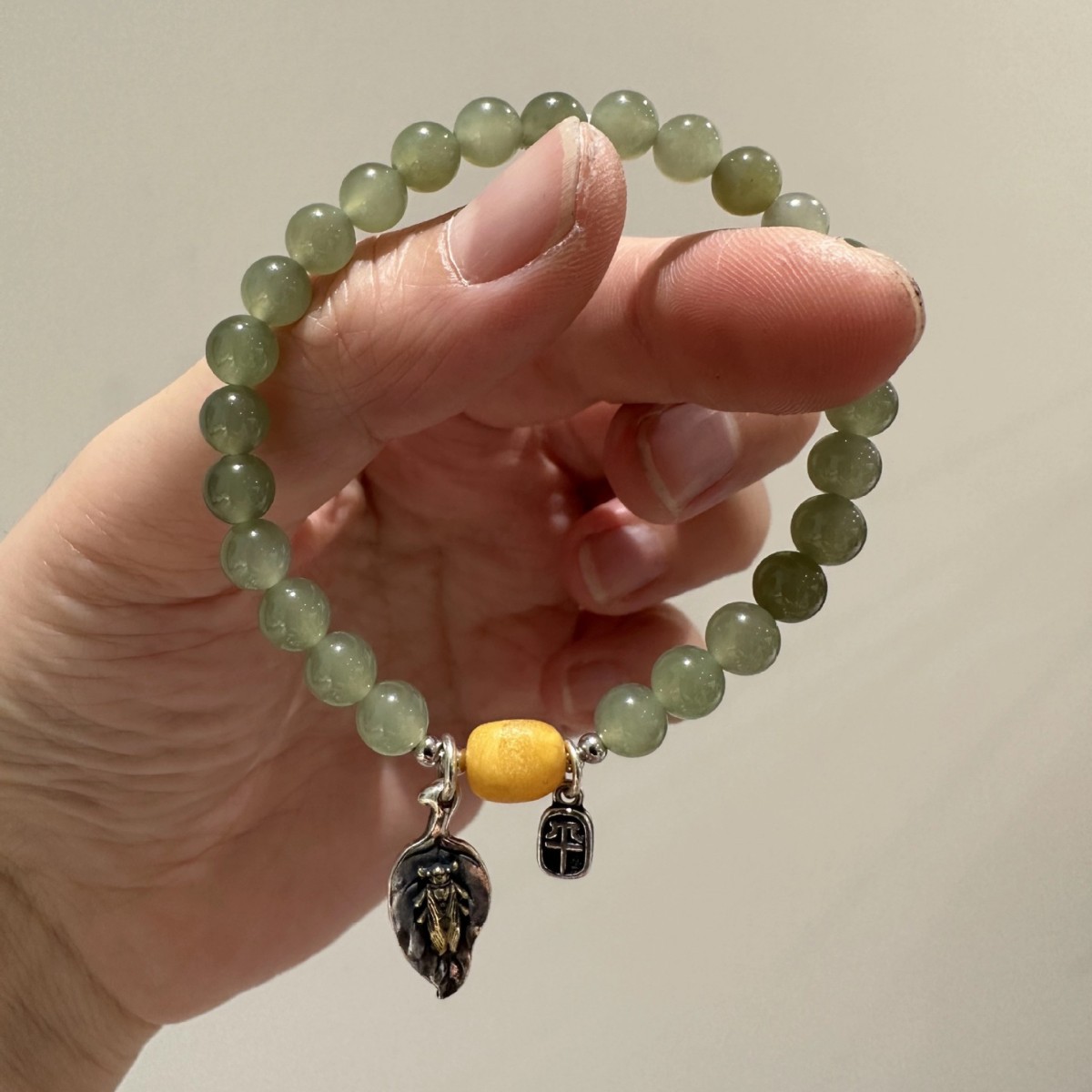 S925银和田玉圆珠随型蜜蜡桶珠一鸣惊人吊坠弹力手串