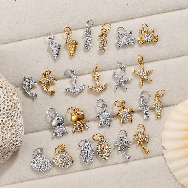 Ins Style Beach Style Exquisite Inlaid Rhinestone Starfish Coconut Tree Pendant DIY Necklace Pendant Stainless Steel Bracelet Accessories