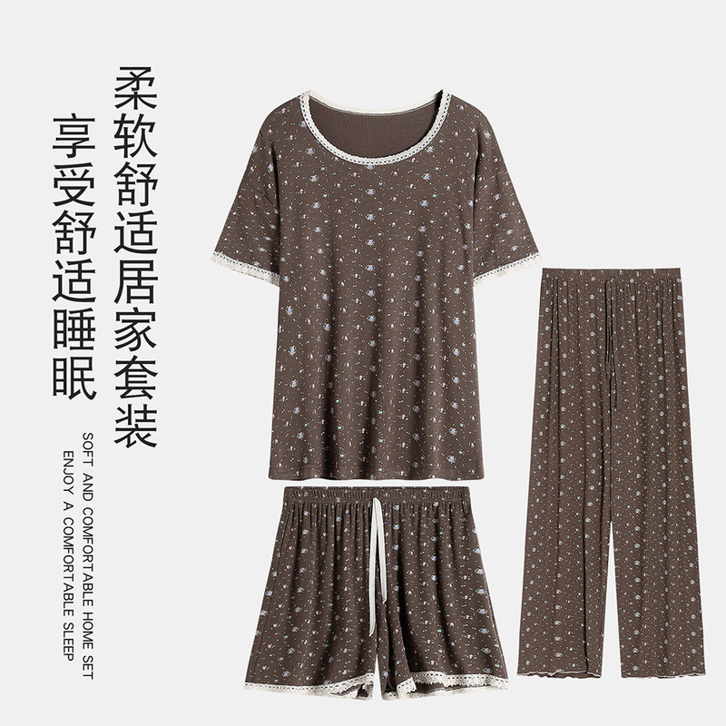 [Customized] Korean Style Small Flower Pajamas Ribbed Modal Summer Women's Home Wear Lace Print Fashion Hot Style