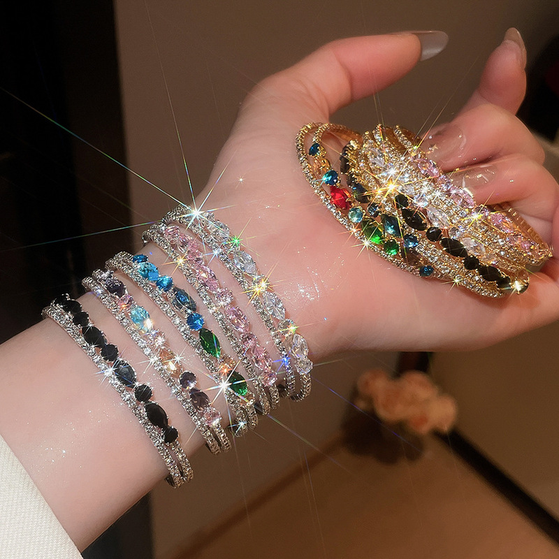 Antique-Style Colorful Gemstone Bracelet with Diamond Accents, Light Luxury Niche Evening Wristband, Wedding Party Atmosphere-Enhancing Jewelry
