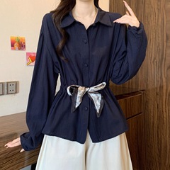 蓝色衬衫女春秋季新款轻奢减龄洋气小衫适超火微胖巨好看上衣百搭