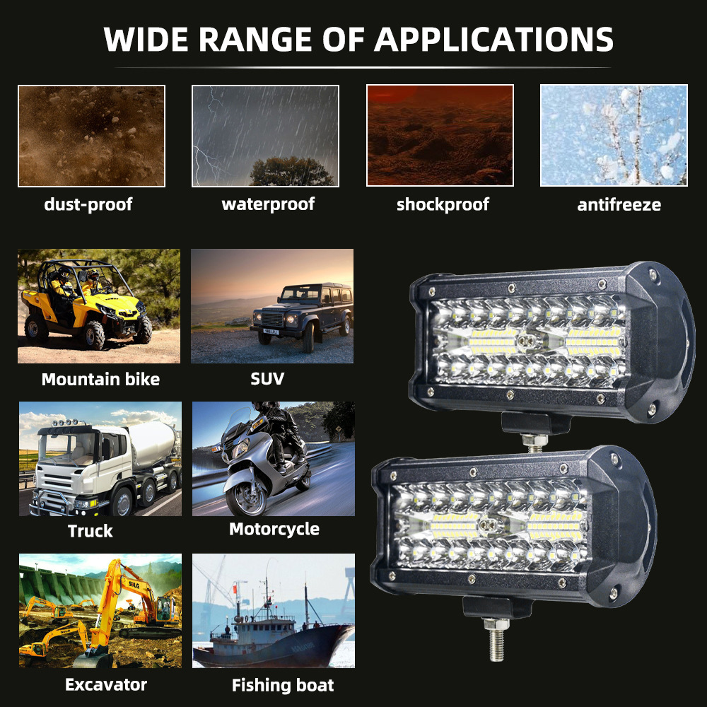 High-Brightness Three-Row 120W Work Light Spotlight Strip Light Car Off-Road Vehicle Motorcycle Front Bumper Modified Spotlight