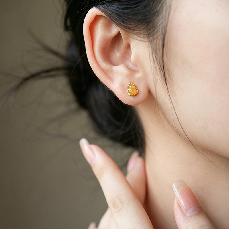 Bông tai bạc S925 đính đá hồ lô mã não mật sáp phong cách Trung Quốc — Mẫu Emerald