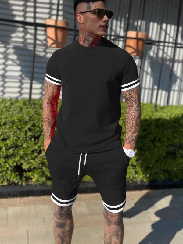 Cross-Border Foreign Trade Hot-Selling Men's Suits, Summer Casual Shorts, Men's Sports Pants, Black and White Cuffs, Casual Short-Sleeved T-Shirts Cross-Border Foreign Trade Hot-Selling Men's Suits, Summer Casual Shorts, Men's Sports Pants, Black and White Cuffs, Casual Short-Sleeved T-Shirts