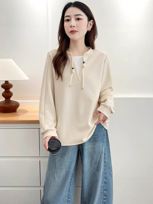 工厂直发假两件抽绳时尚休闲卫衣春秋新款大码女装宽松显瘦打底衫|undefined