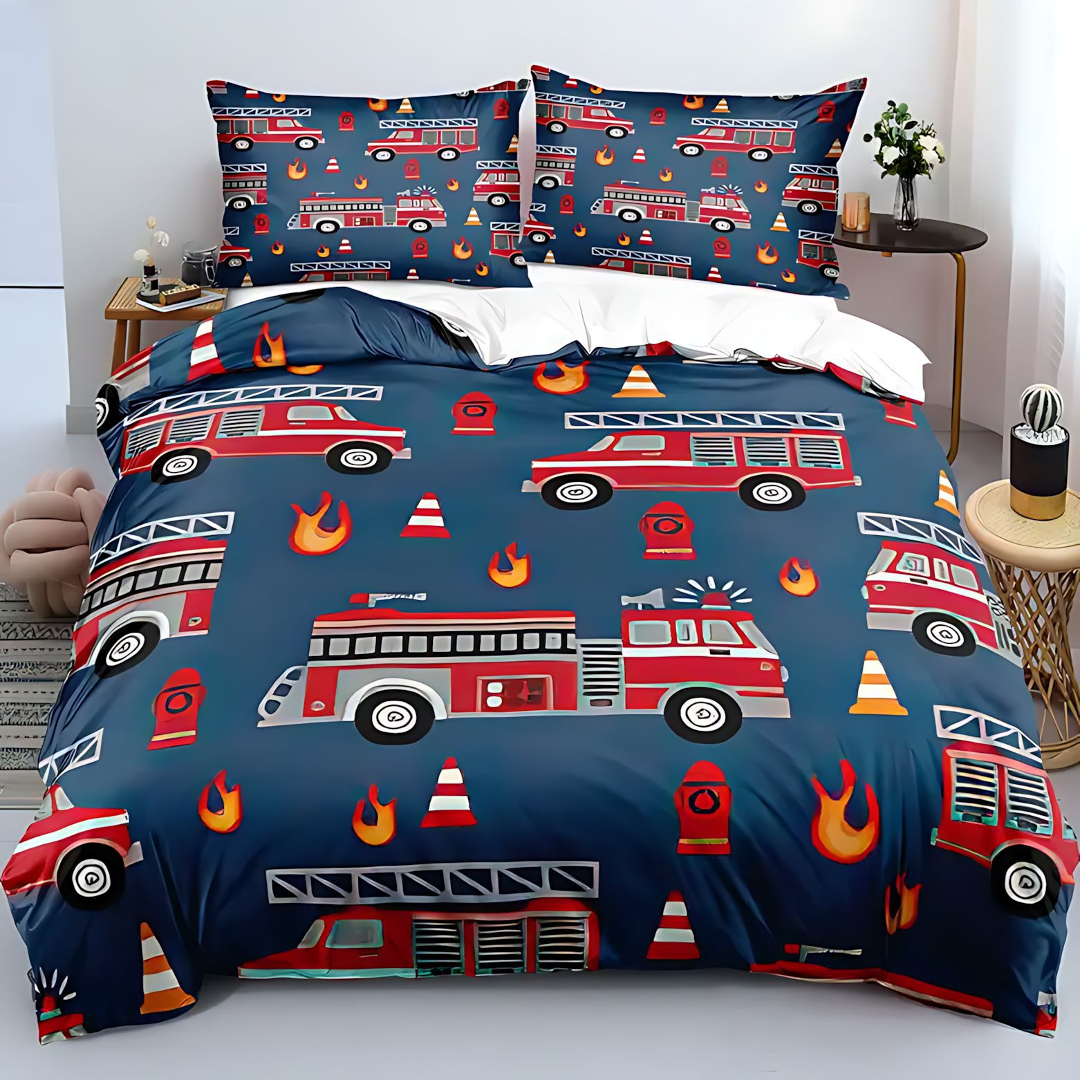 TEMU / JIT nuevo producto transfronterizo dibujos animados camión de bomberos de alta definición digital impresión kit de colcha se puede diseñar