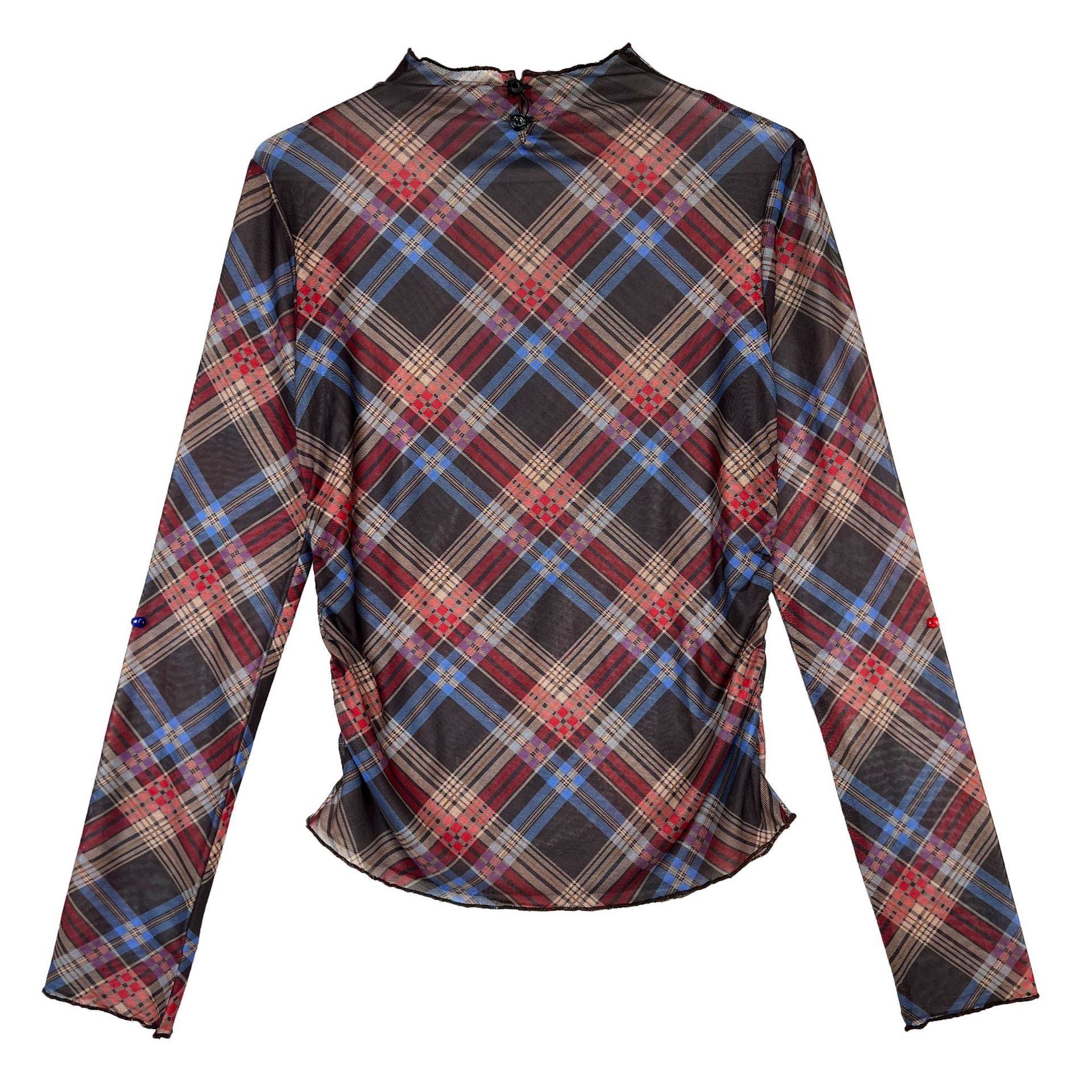 Plaid Mesh T shirt Women Spring Sexy Pleated Waist Tight Slimming Bottoming Top