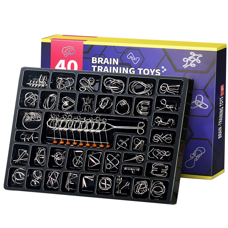 Estudiantes de escuela primaria descompresión ocio juguetes para niños conjunto de 40 piezas rompecabezas de pensamiento inteligencia de metal conjunto completo desabrocharse nueve cadenas