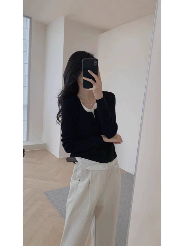 黑色假两件长袖T恤女春秋不规则拼接修身显瘦内搭针织打底衫上衣|undefined