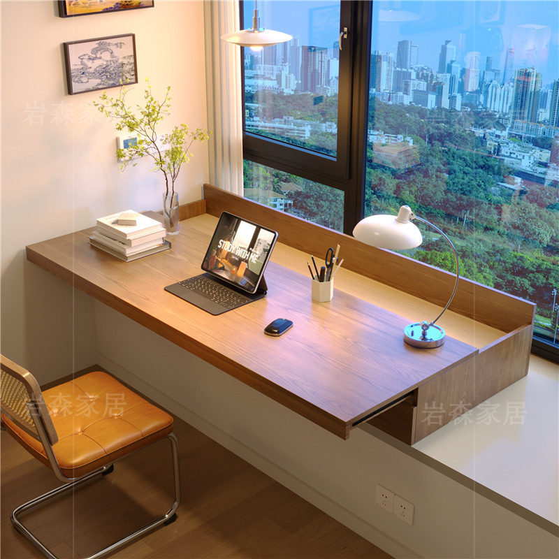 Solid wood bay window desk with pull-out and retractable tabletop, bedroom window sill study and computer desk, custom-made with drawer storage cabinet