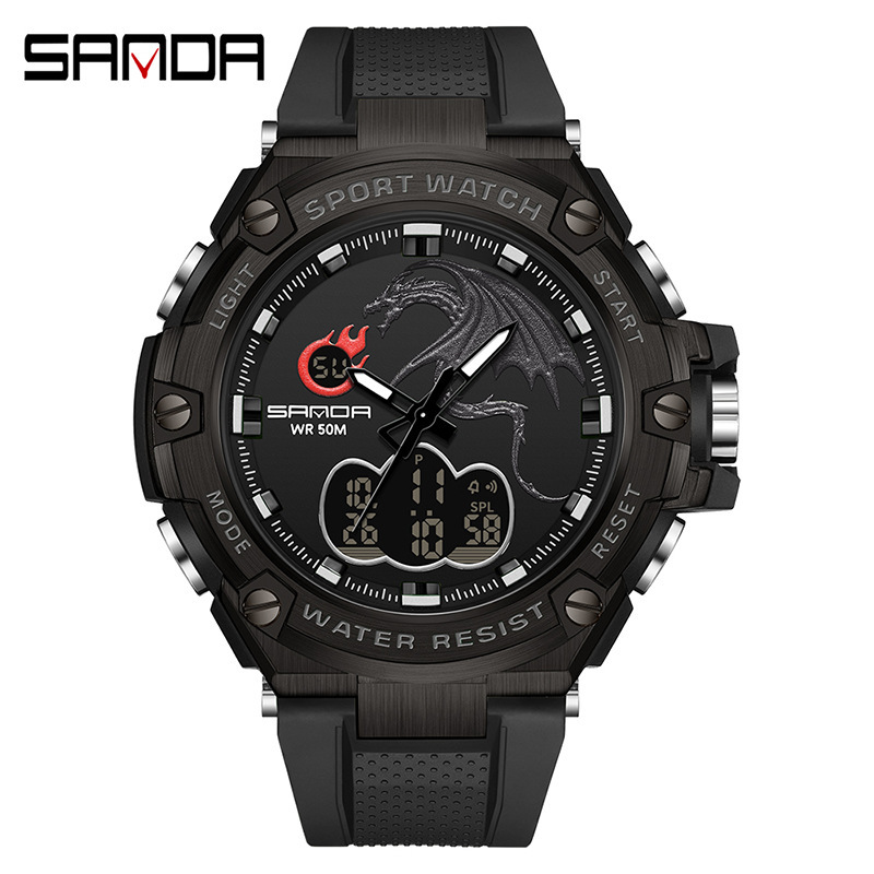Sanda 3171 reloj electrónico dragón rociador de fuego reloj impermeable moda de moda luminoso reloj de hombre multifuncional
