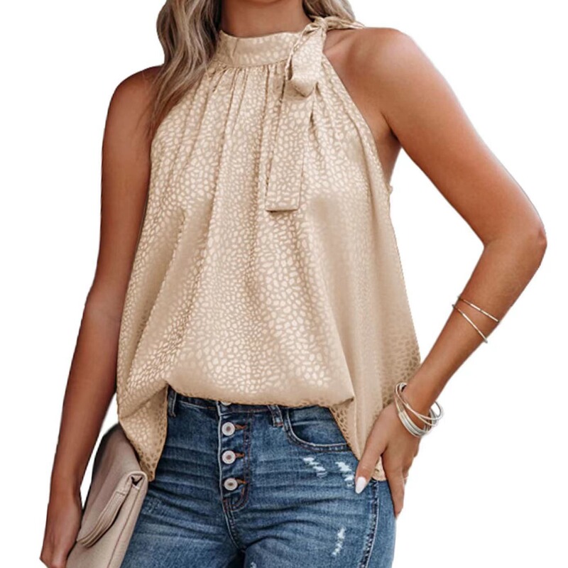 2026 Amazon Summer New Style Halter Neck Bow Leopard Print Satin Sleeveless Vest Top Wholesale