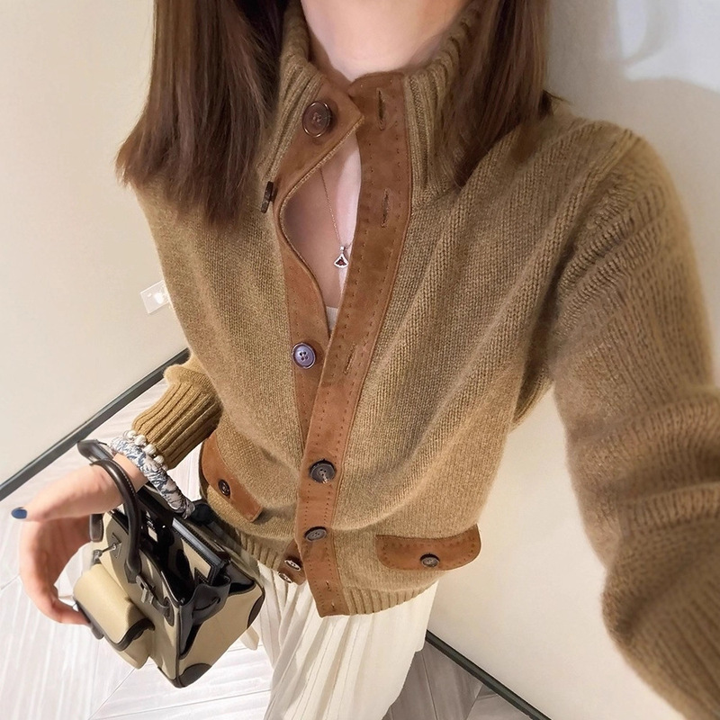 French Petite Brown Stand-Up Collar Cardigan Knitwear Jacket for Women in Autumn and Winter with High-End Short Knitwear Top French Petite Brown Stand-Up Collar Cardigan Knitwear Jacket for Women in Autumn and Winter with High-End Short Knitwear Top