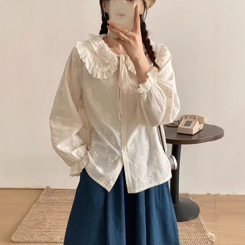 Floral Mori-Style Lace Patchwork Double-Layer Tie-Neck Cotton Shirt for Women, New Spring Style, Loose Fit, Versatile, Age-Reducing Jacquard Top Floral Mori-Style Lace Patchwork Double-Layer Tie-Neck Cotton Shirt for Women, New Spring Style, Loose Fit, Versatile, Age-Reducing Jacquard Top