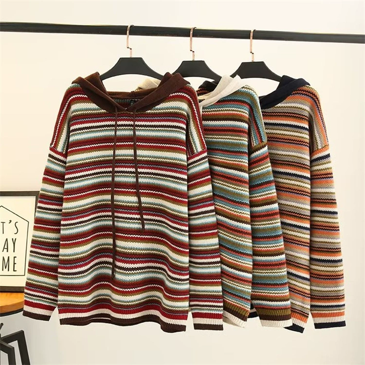 Зима 2023 Новый Женский вязаный Топ больших размеров, повседневный Джокер, контрастный полосатый свитер с капюшоном 343