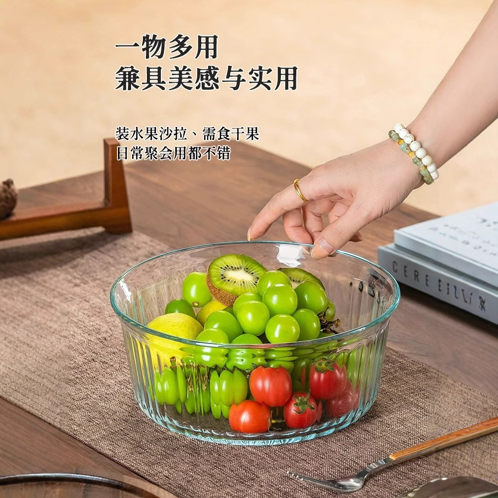 Ensaladera de frutas de vidrio de alto valor de estilo chino grande con tapa 2025 nuevo tazón de sopa para el hogar vajilla resistente a altas temperaturas