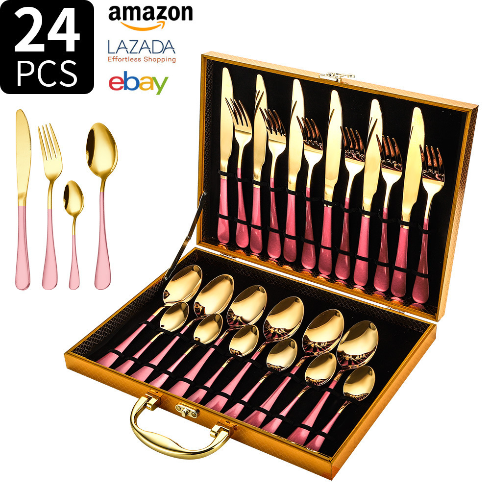 Fuente transfronteriza Amazon 1010 cubiertos de acero inoxidable cuchillo de comida occidental tenedor cuchara 24 piezas caja de regalo cuchara hotel