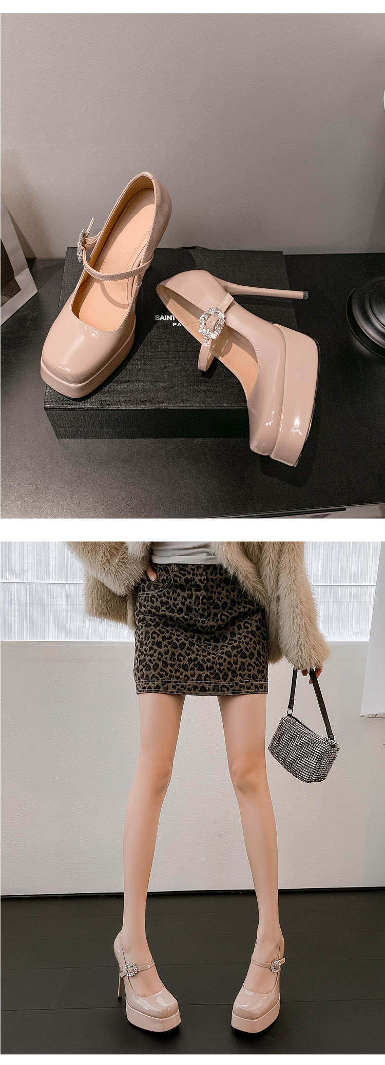 Giày cao gót Mary Jane mũi vuông quai ngang một khóa, gót nhọn 9 cm, đế platform, phong cách lễ tân dẫn chương trình — Trần truồng hồng, màu đen chi tiết 5