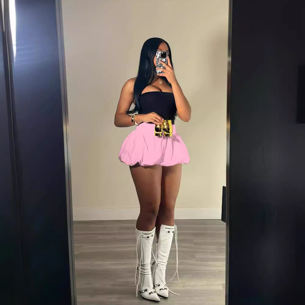 Women's Clothing D10100 style mini pleated skirt Bubble bubble skirt solid color elastic waist super short mini skirt_voghion.com