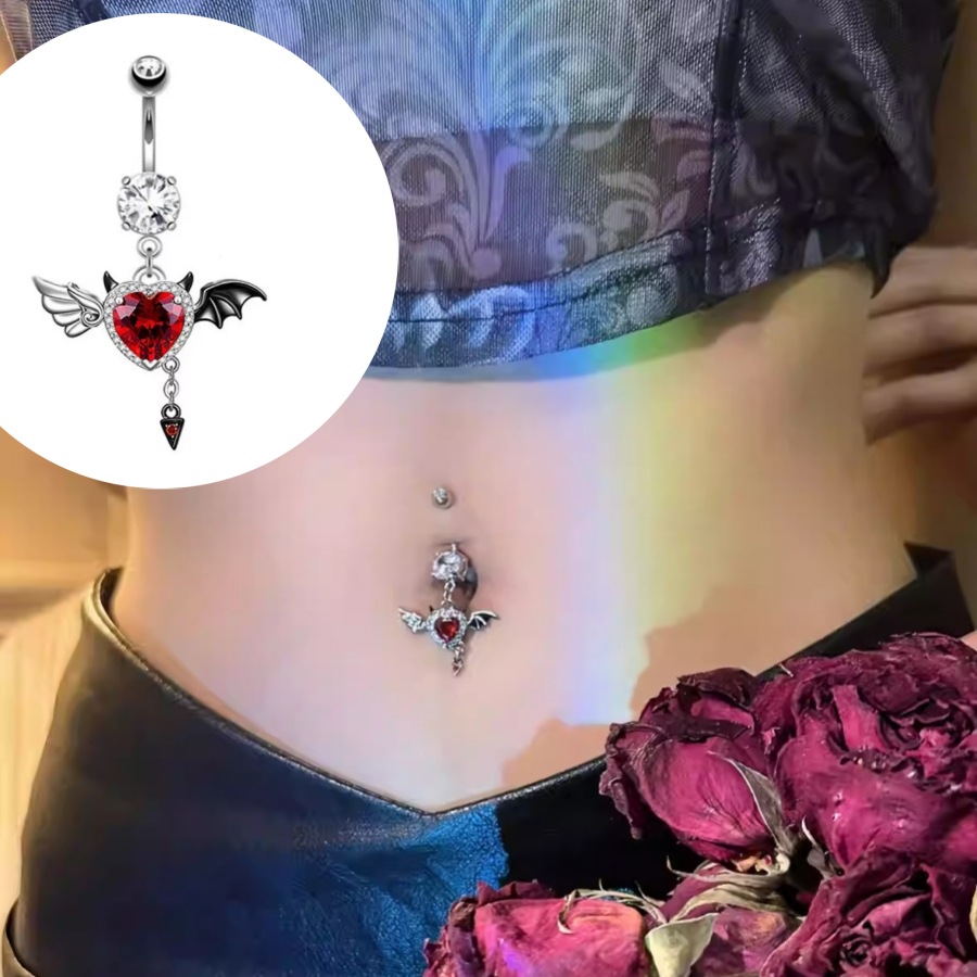 Titanium Steel Belly Button Ring With Bat Devil And Red Zirconia_voghion.com
