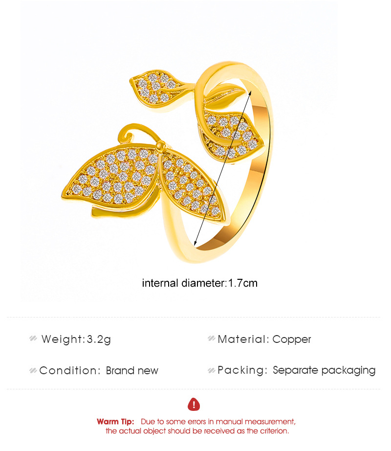Fashion Butterfly Copper Open Ring Inlay Rhinestones Copper Rings