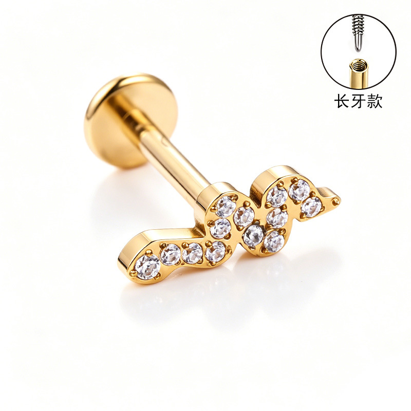 F136 Titanium Alloy Ear Studs – Finely Carved Long Tooth Ear Bone Studs with Zirconia, G23 Titanium Body Piercing Jewelry in Gold detail image 12