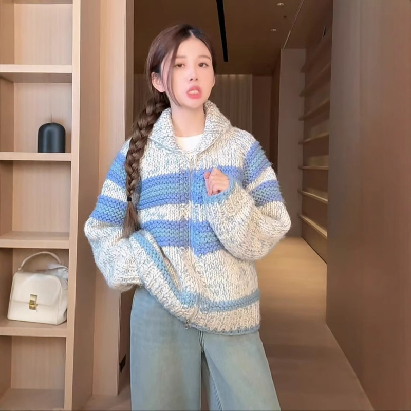 In-Stock Korean Cross-Border Dongdaemun New Apc Striped Color-Block Loose Wool Coat Sweater for Women