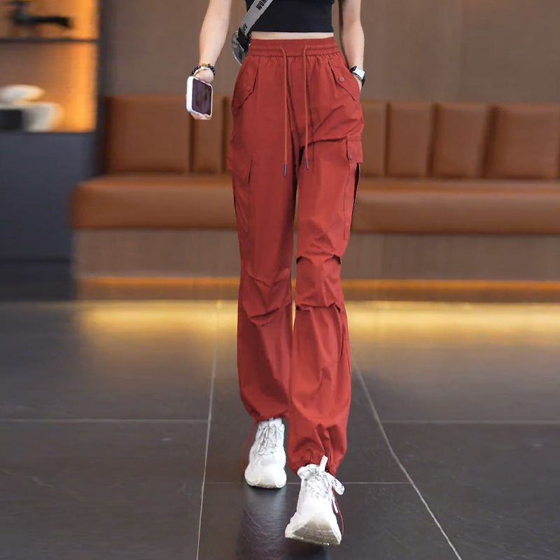 红色美式工装裤女直筒裤2025新款夏季时尚百搭高腰宽松阔腿运动裤|undefined